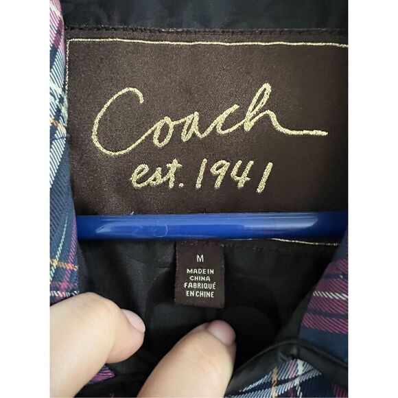 Coach Quilted Navy Blue & Purple Plaid Print Long Sleeve Snap Front Jacket Sz M - Picture 4 of 8